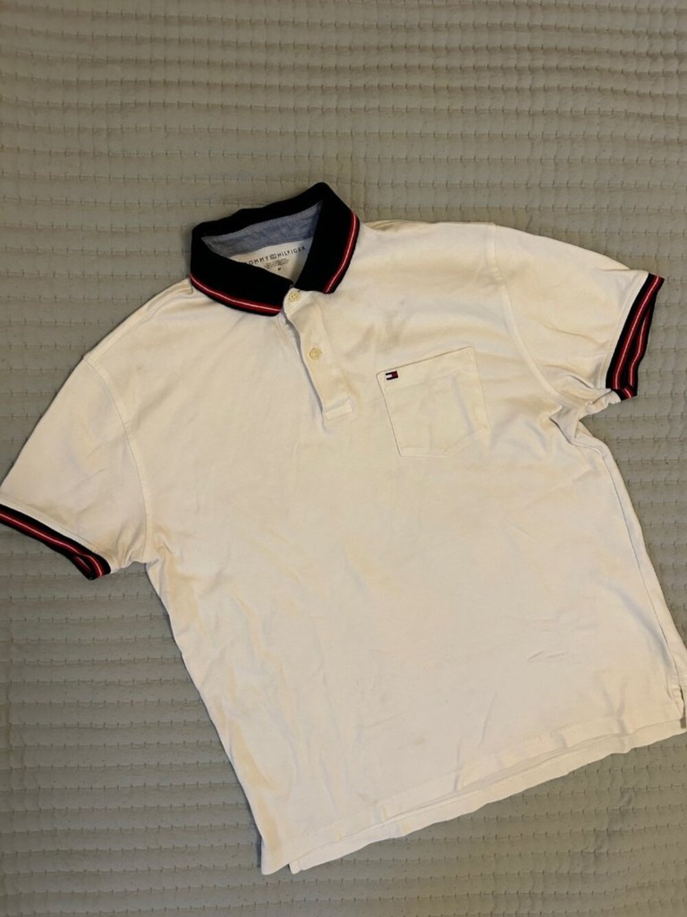 Tommy Hilfiger White Tipped Pique Polo Navy Red Trim M
